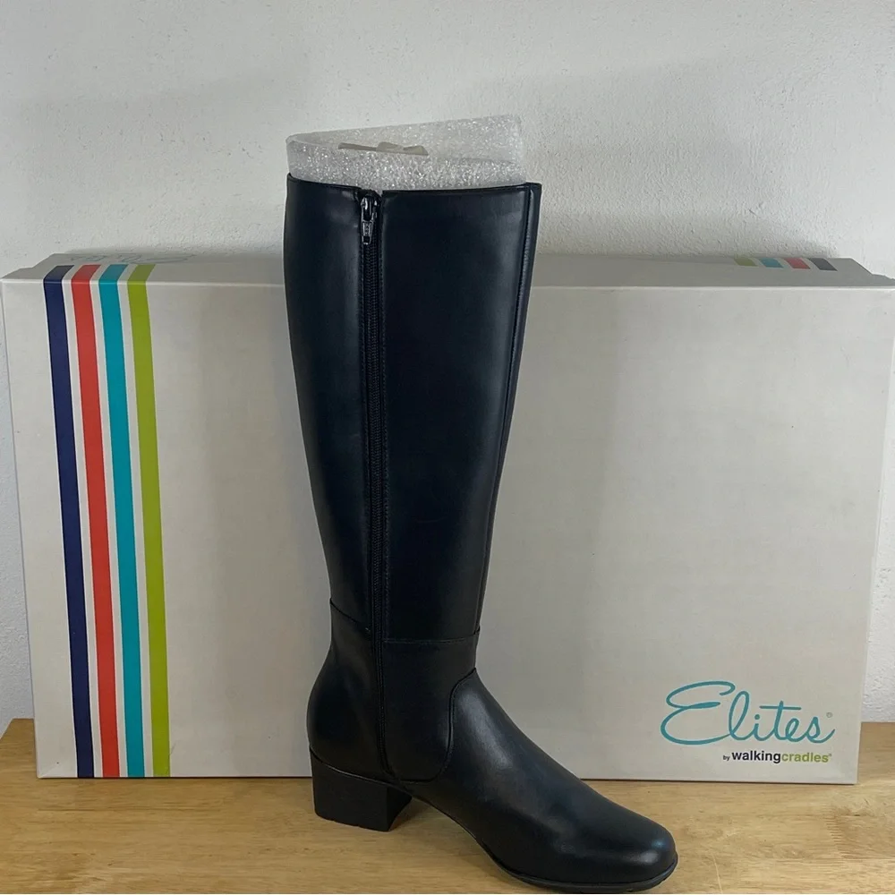 Elites Women's Walking Cradles Black Leather Knee-High Boots Size 7.5N (NWT)